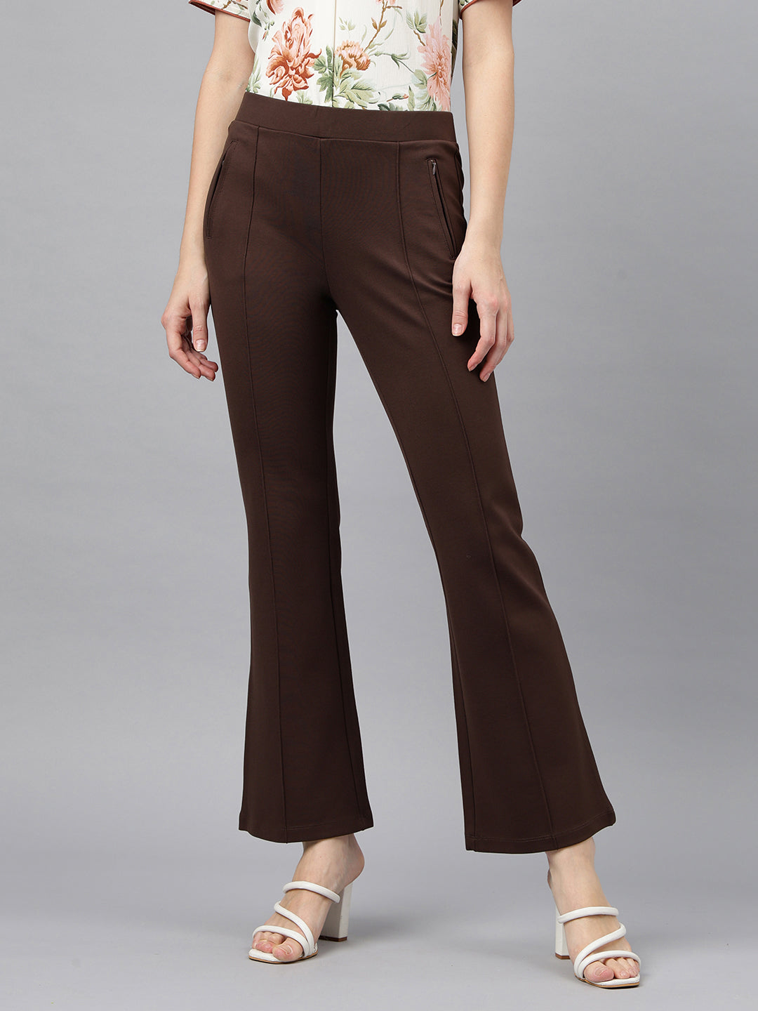 Latin Quarters Women's Brown Casual Solid Ankle Length Flared Trouser