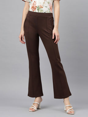 Latin Quarters Women's Brown Casual Solid Ankle Length Flared Trouser