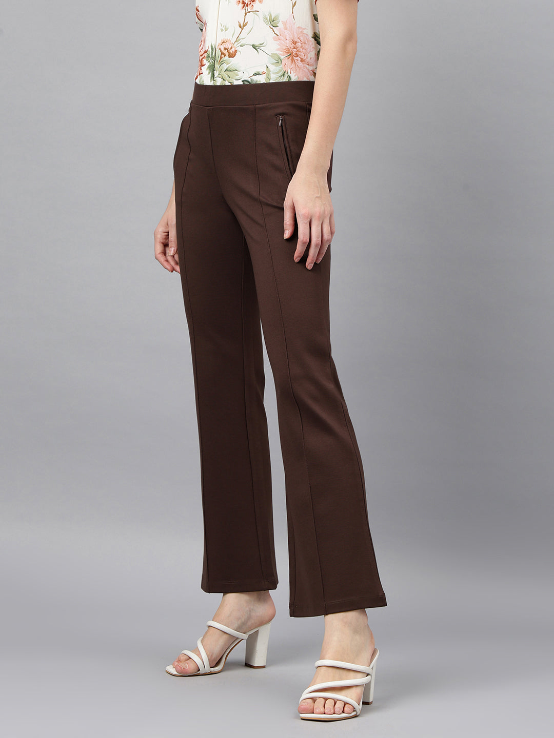 Latin Quarters Women's Brown Casual Solid Ankle Length Flared Trouser