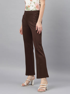 Latin Quarters Women's Brown Casual Solid Ankle Length Flared Trouser