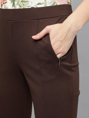Latin Quarters Women's Brown Casual Solid Ankle Length Flared Trouser
