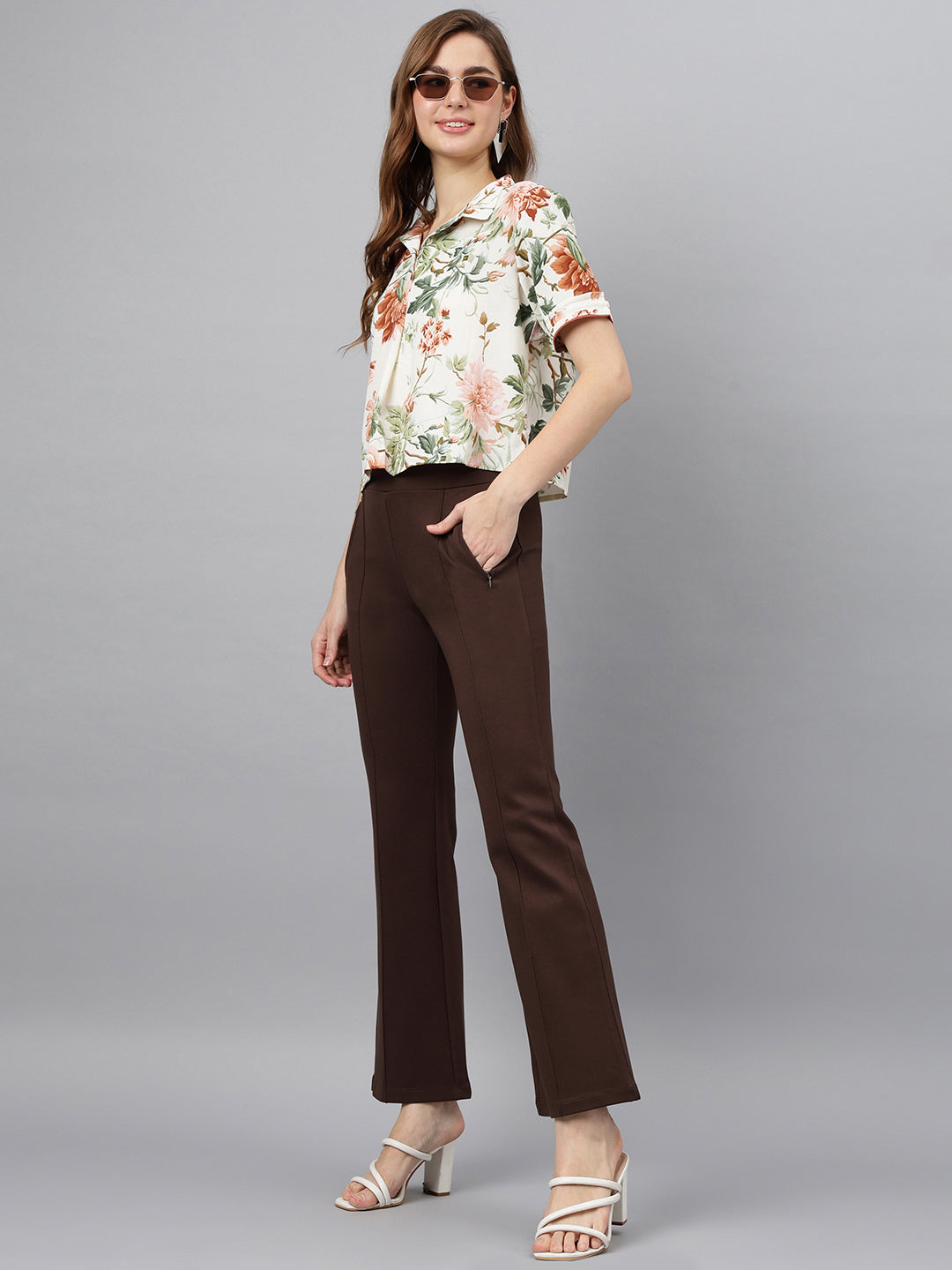 Latin Quarters Women's Brown Casual Solid Ankle Length Flared Trouser