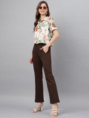 Latin Quarters Women's Brown Casual Solid Ankle Length Flared Trouser