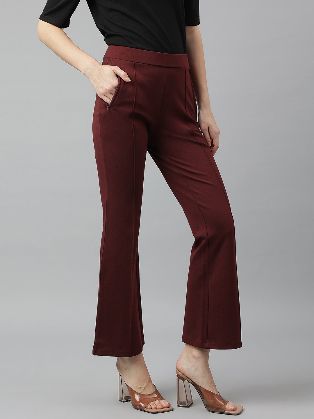 Latin Quarters Women's Maroon Casual Solid Ankle Length Flared Trouser