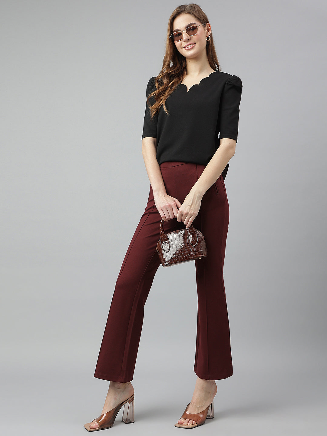 Latin Quarters Women's Maroon Casual Solid Ankle Length Flared Trouser