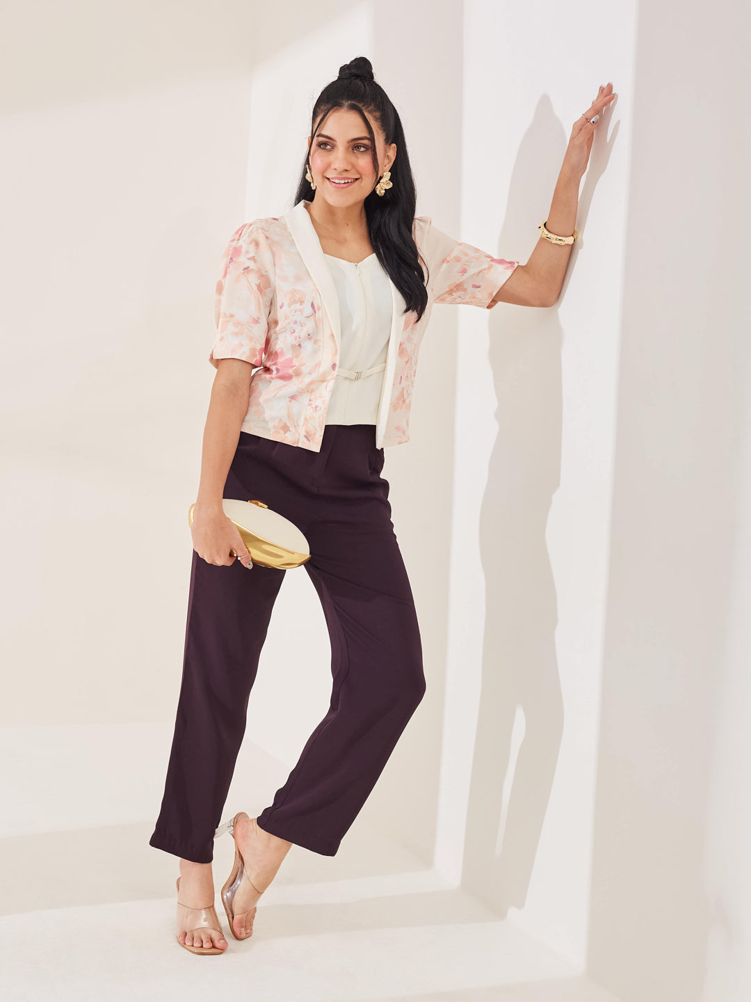 Latin Quarters Women's Wine Solid Casual High Rise Straight Fit Pant