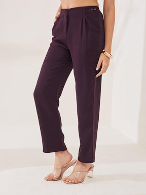 Latin Quarters Women's Wine Solid Casual High Rise Straight Fit Pant