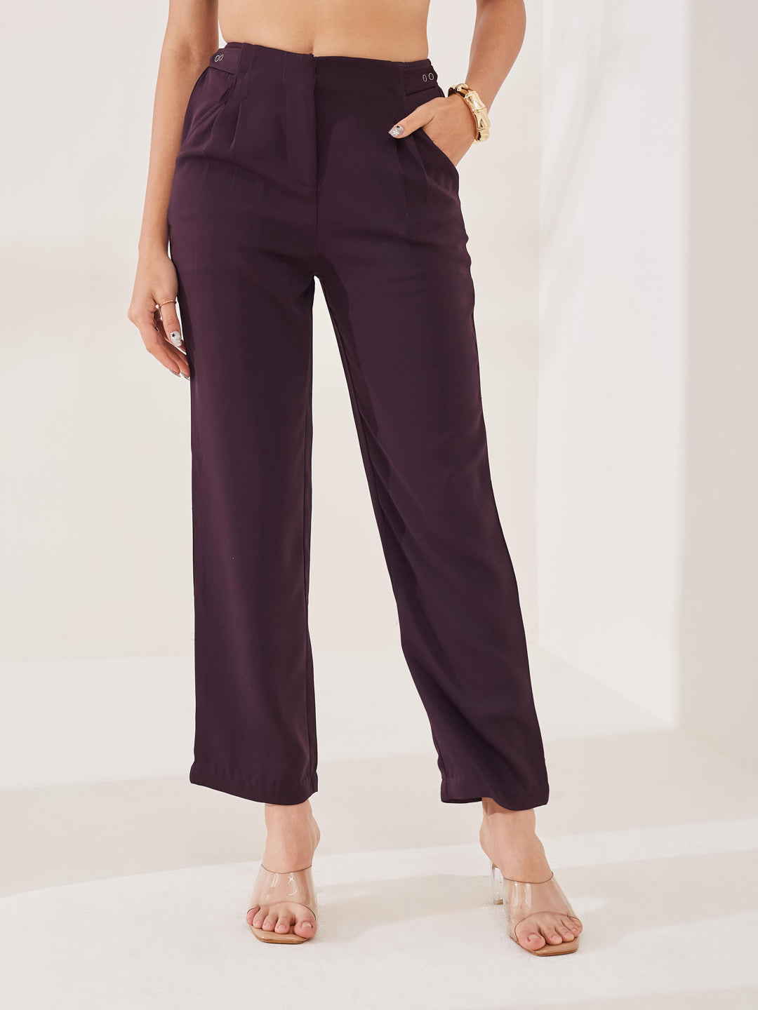 Latin Quarters Women's Wine Solid Casual High Rise Straight Fit Pant