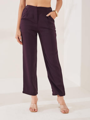 Latin Quarters Women's Wine Solid Casual High Rise Straight Fit Pant