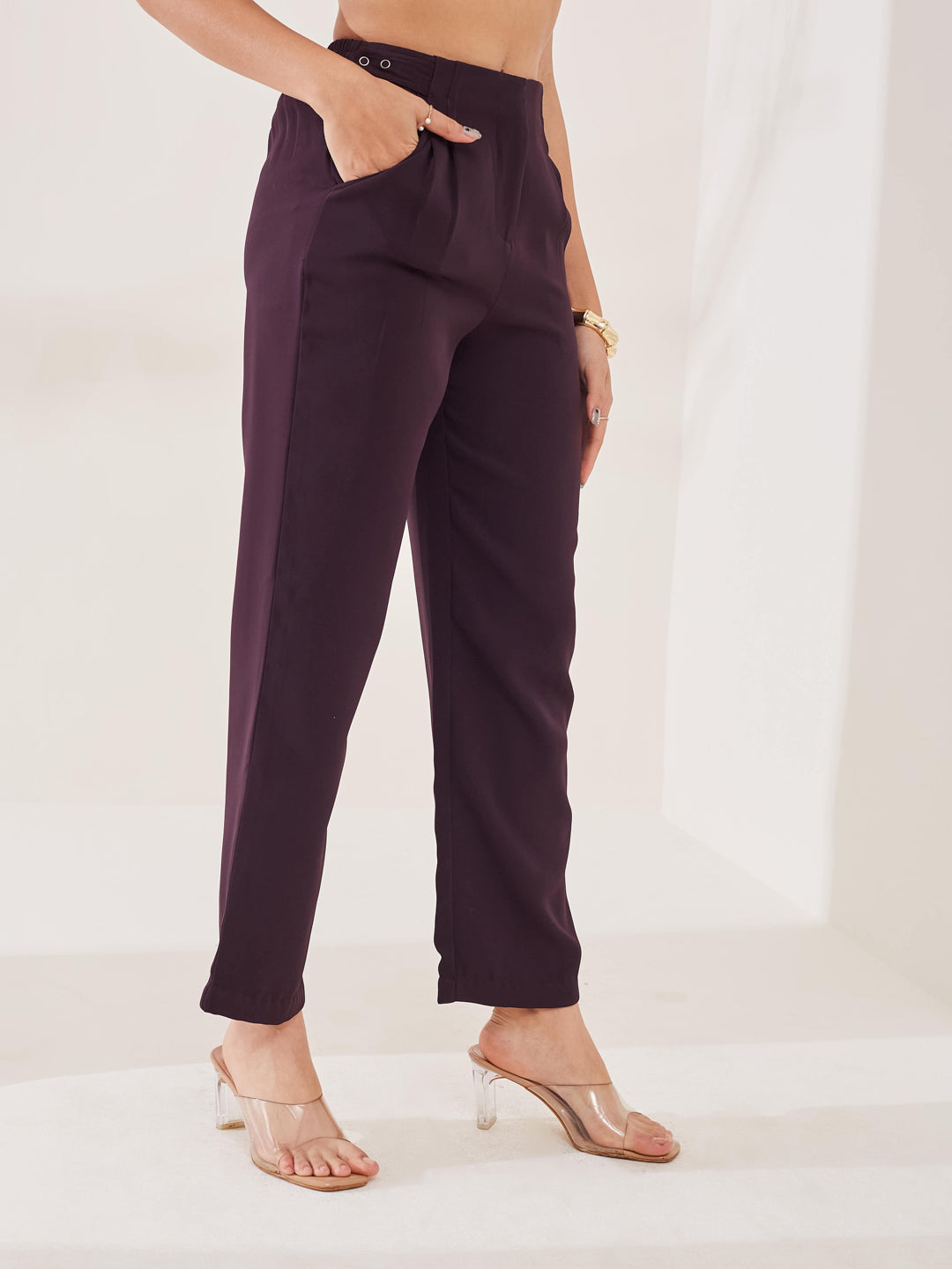 Latin Quarters Women's Wine Solid Casual High Rise Straight Fit Pant