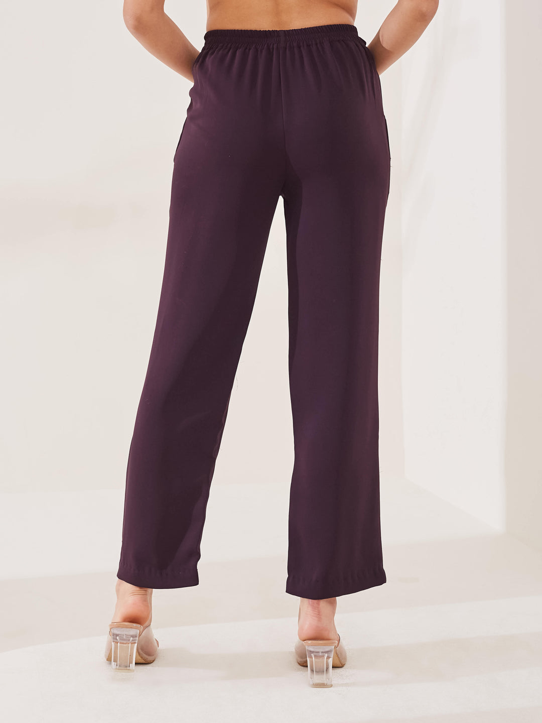 Latin Quarters Women's Wine Solid Casual High Rise Straight Fit Pant