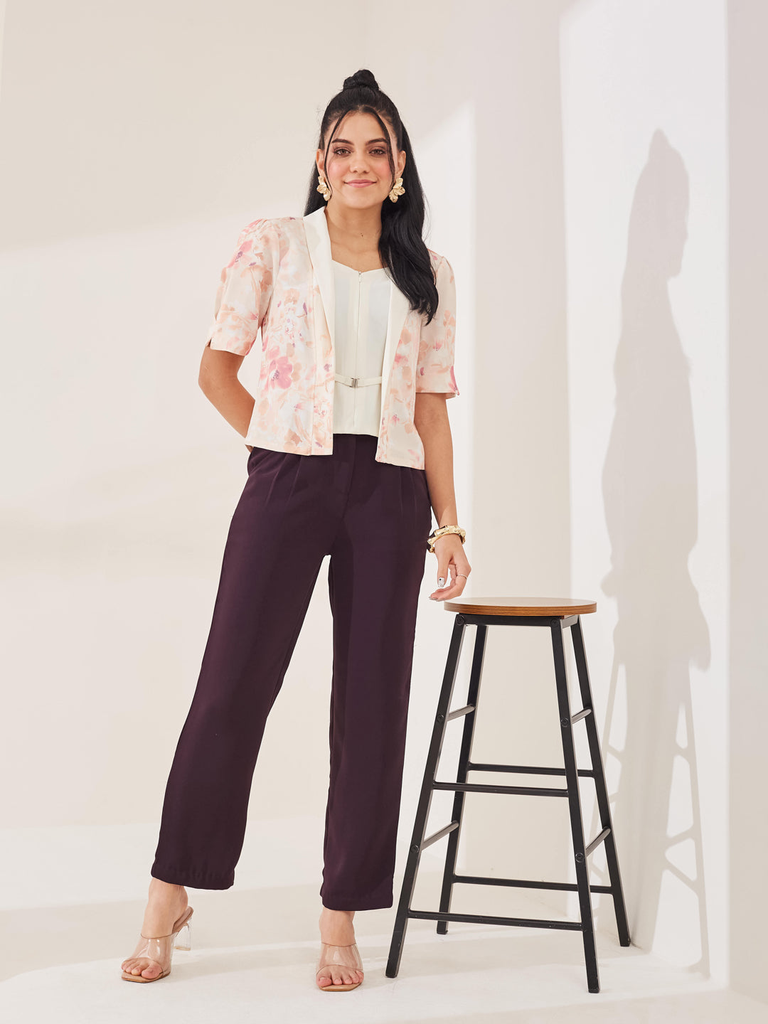 Latin Quarters Women's Wine Solid Casual High Rise Straight Fit Pant