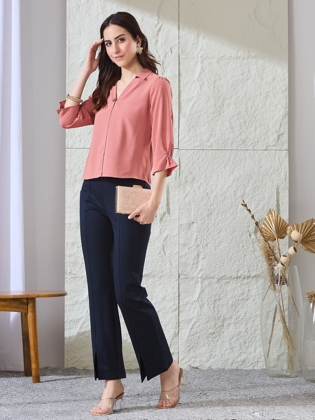 Latin Quarters Women's Navy Blue Solid Casual Flared High Rise Trouser