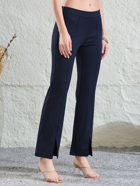 Latin Quarters Women's Navy Blue Solid Casual Flared High Rise Trouser