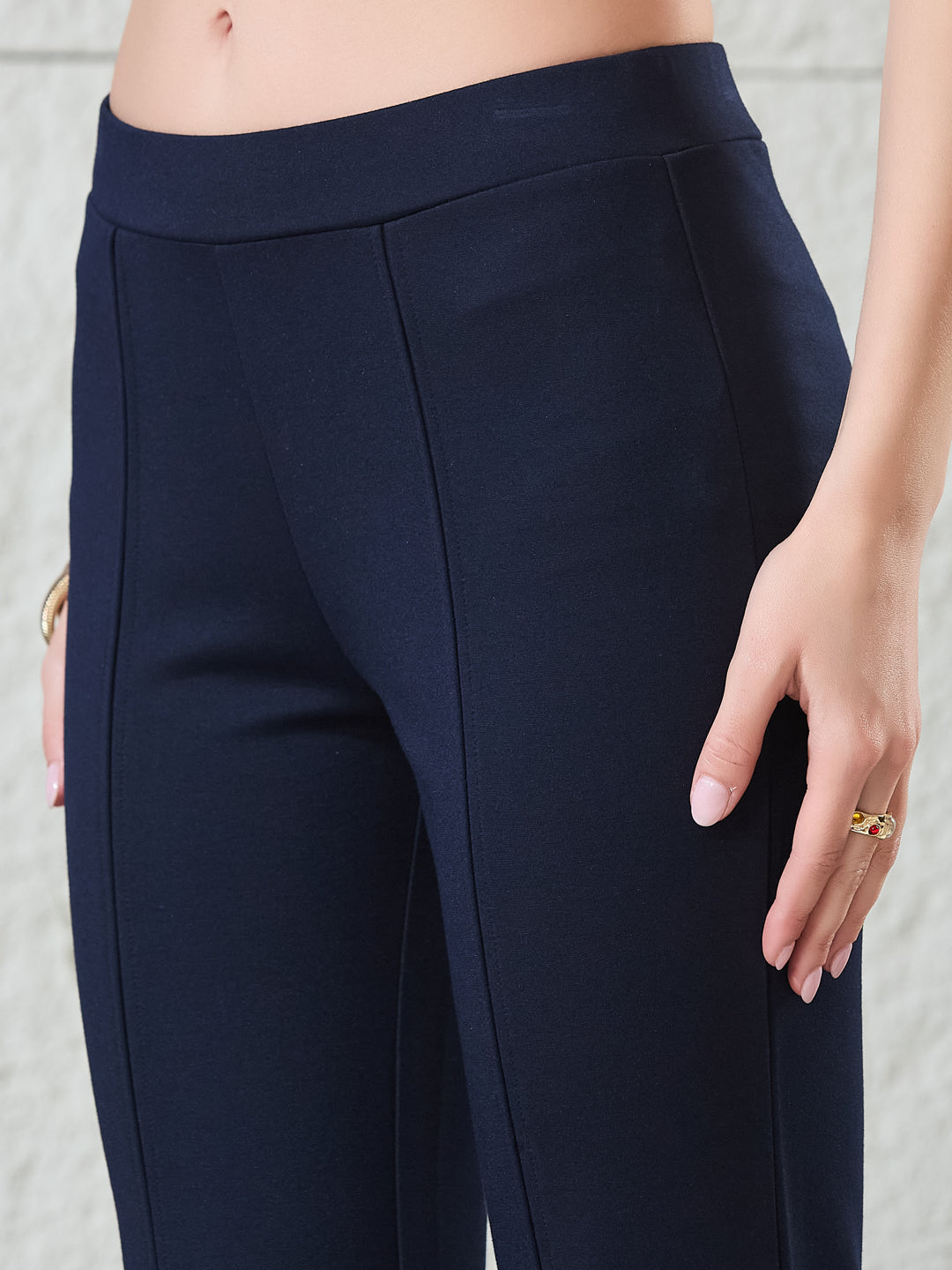 Latin Quarters Women's Navy Blue Solid Casual Flared High Rise Trouser
