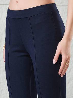 Latin Quarters Women's Navy Blue Solid Casual Flared High Rise Trouser