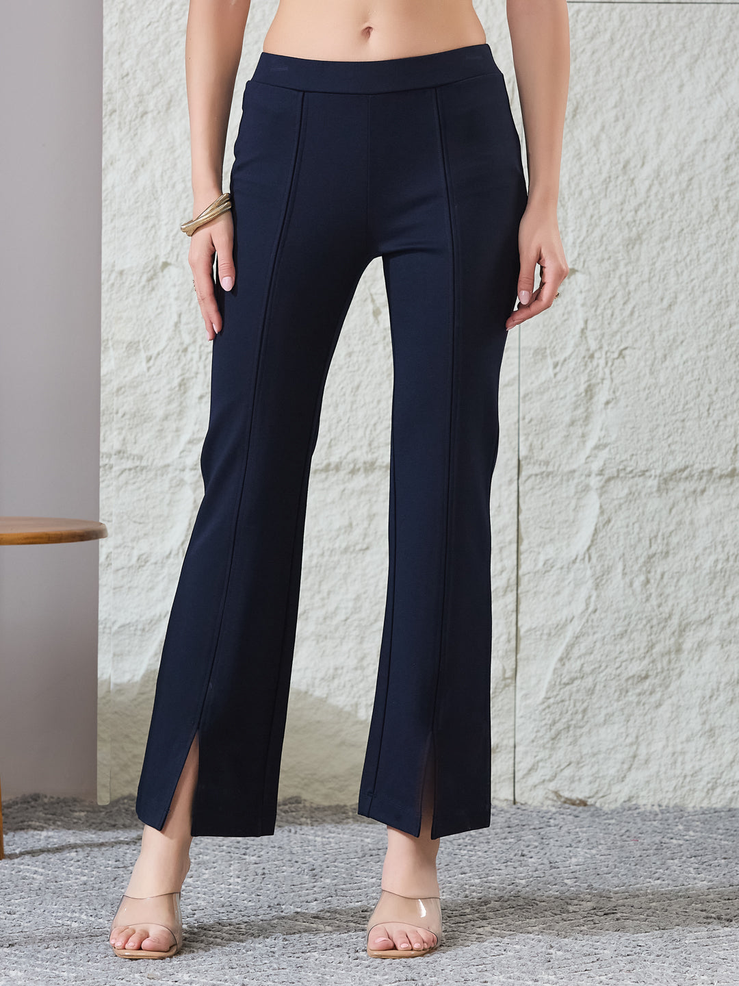 Latin Quarters Women's Navy Blue Solid Casual Flared High Rise Trouser