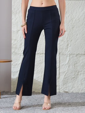 Latin Quarters Women's Navy Blue Solid Casual Flared High Rise Trouser