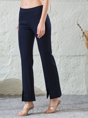Latin Quarters Women's Navy Blue Solid Casual Flared High Rise Trouser