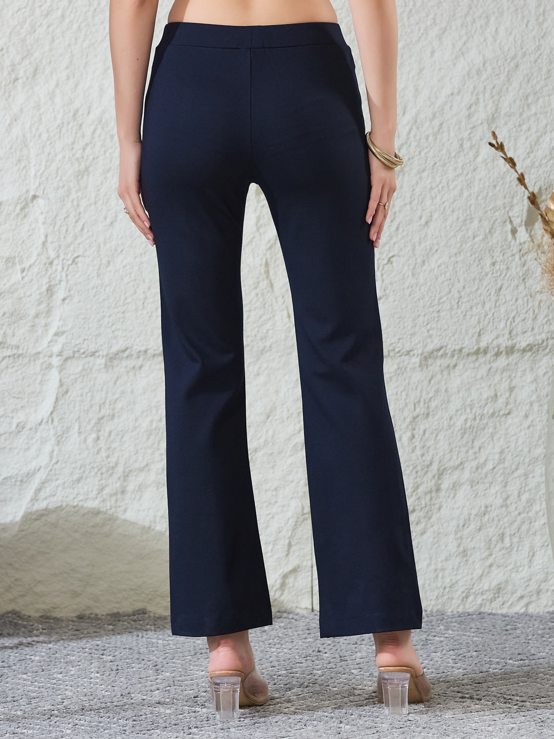 Latin Quarters Women's Navy Blue Solid Casual Flared High Rise Trouser