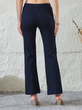 Latin Quarters Women's Navy Blue Solid Casual Flared High Rise Trouser