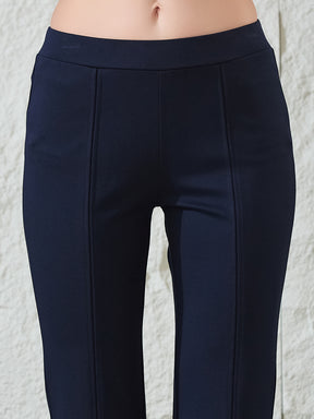 Latin Quarters Women's Navy Blue Solid Casual Flared High Rise Trouser