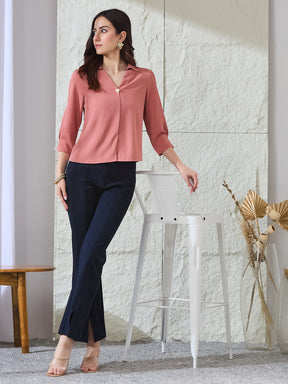 Latin Quarters Women's Navy Blue Solid Casual Flared High Rise Trouser
