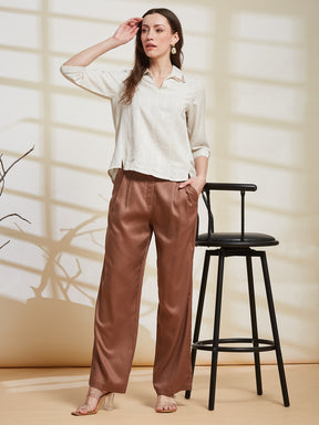 Latin Quarters Women's Brown Solid Casual Wide Leg High Rise Pant