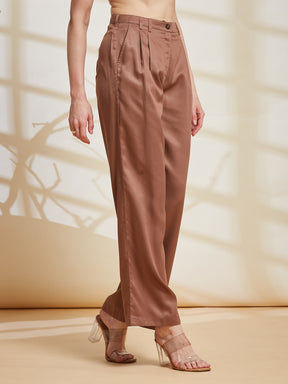 Latin Quarters Women's Brown Solid Casual Wide Leg High Rise Pant