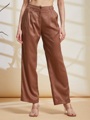 Latin Quarters Women's Brown Solid Casual Wide Leg High Rise Pant