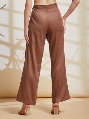 Latin Quarters Women's Brown Solid Casual Wide Leg High Rise Pant