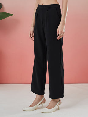 Latin Quarters Women's Black Solid Casual Straight Fit High Rise Pant