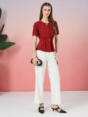 Latin Quarters Women's White Solid Casual Straight Fit High Rise Pant