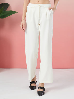 Latin Quarters Women's White Solid Casual Straight Fit High Rise Pant