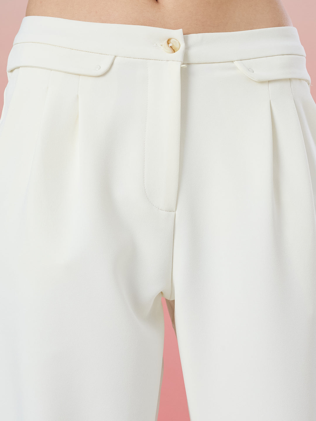 Latin Quarters Women's White Solid Casual Straight Fit High Rise Pant