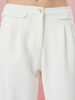 Latin Quarters Women's White Solid Casual Straight Fit High Rise Pant