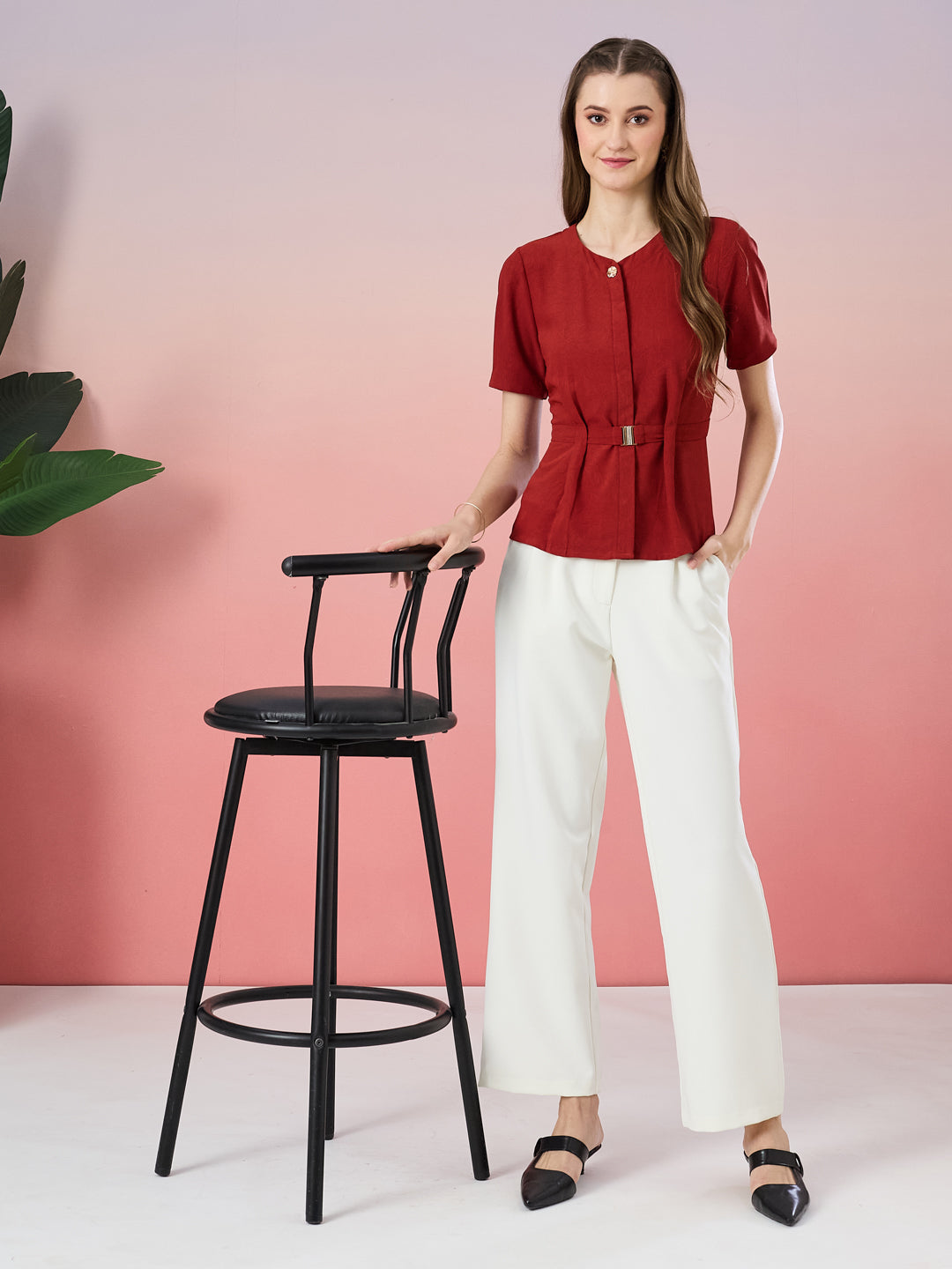 Latin Quarters Women's White Solid Casual Straight Fit High Rise Pant