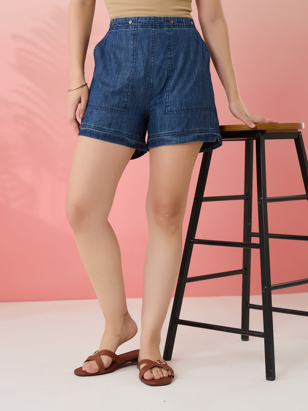 Latin Quarters Women's Blue Solid Casual Straight Fit High Rise Shorts