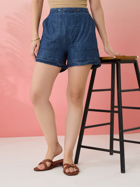 Latin Quarters Women's Blue Solid Casual Straight Fit High Rise Shorts