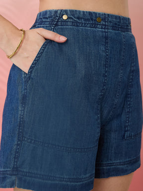 Latin Quarters Women's Blue Solid Casual Straight Fit High Rise Shorts