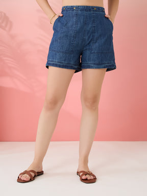 Latin Quarters Women's Blue Solid Casual Straight Fit High Rise Shorts