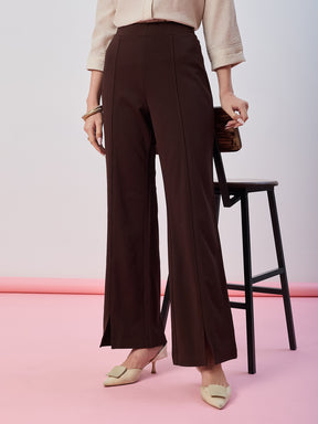 Latin Quarters Women's Brown Solid Casual Flared High Waist Trouser