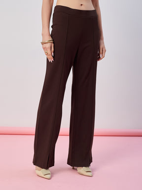 Latin Quarters Women's Brown Solid Casual Flared High Waist Trouser
