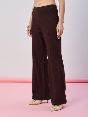 Latin Quarters Women's Brown Solid Casual Flared High Waist Trouser