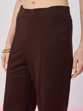 Latin Quarters Women's Brown Solid Casual Flared High Waist Trouser