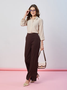 Latin Quarters Women's Brown Solid Casual Flared High Waist Trouser