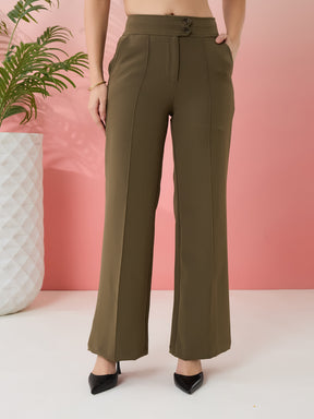 Latin Quarters Women's Green Solid Casual Straight Fit High Rise Pant