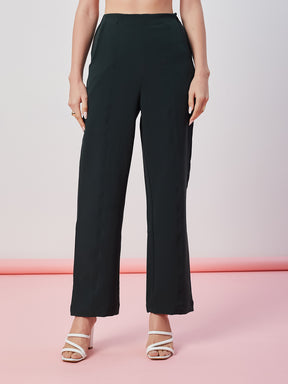 Latin Quarters Women's Green Solid Casual Straight Fit High Waist Pant