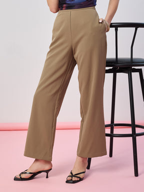 Latin Quarters Women's Beige Solid Casual Straight Fit High Waist Pant