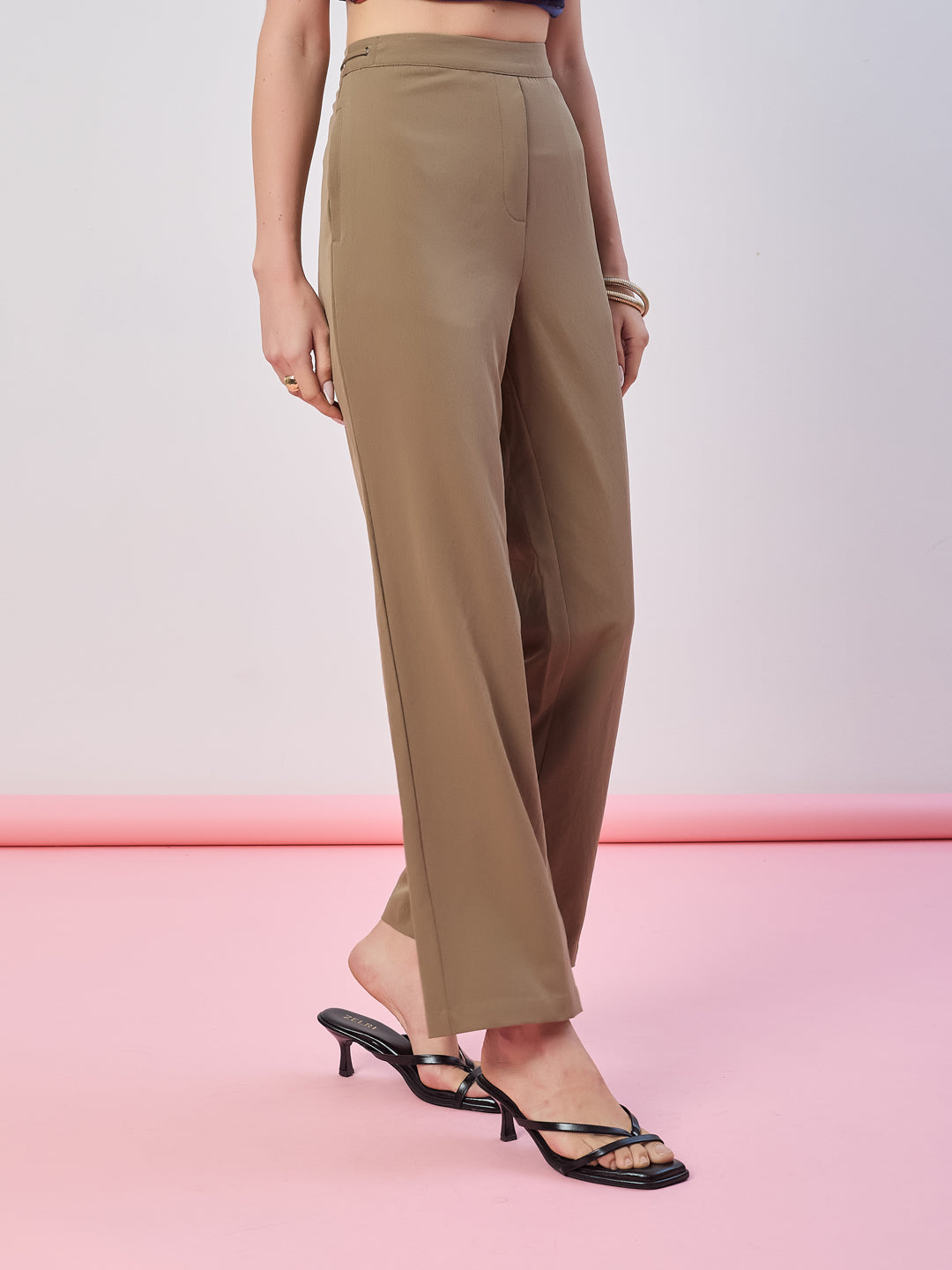 Latin Quarters Women's Beige Solid Casual Straight Fit High Waist Pant